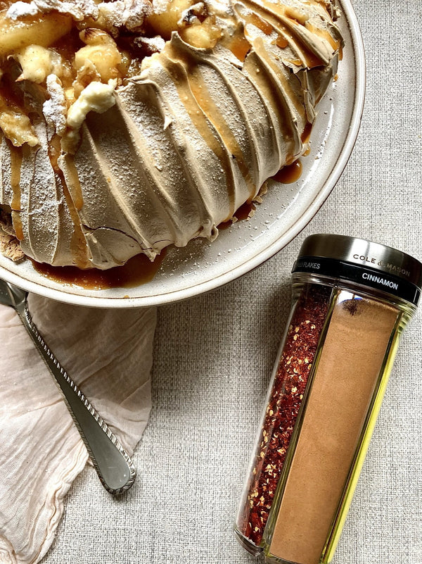 Cinnamon Pavlova with Spiced Apples and Toffee Walnuts