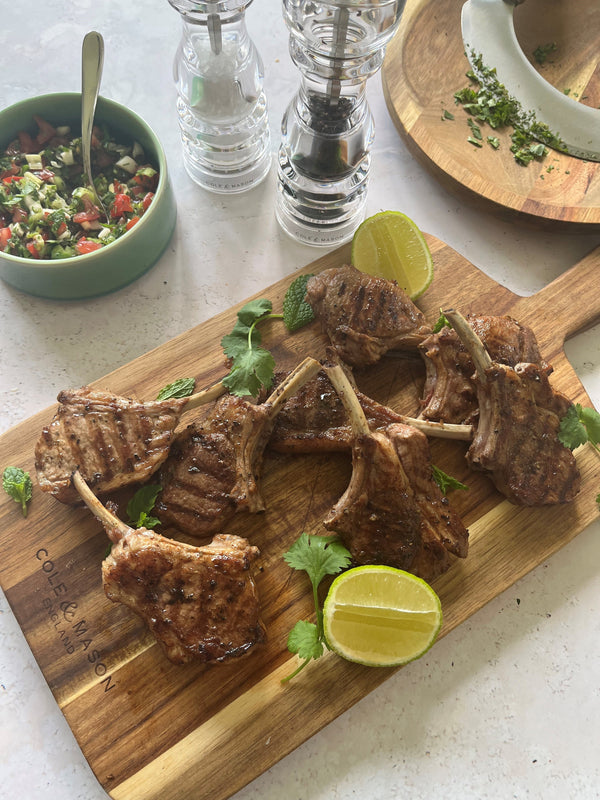 Barbecued lamb cutlets with mint and coriander salsa